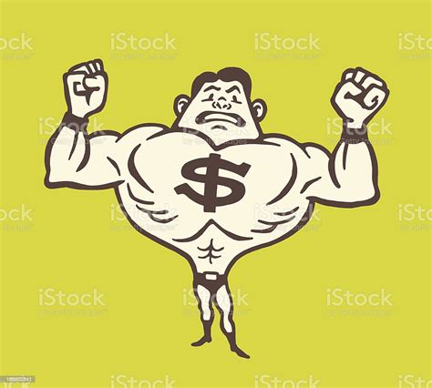 A Man With Large Arm Muscles And A Dollar Sign On His Chest Stock