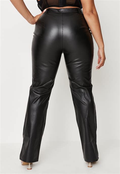 plus size black faux leather split hem pants missguided
