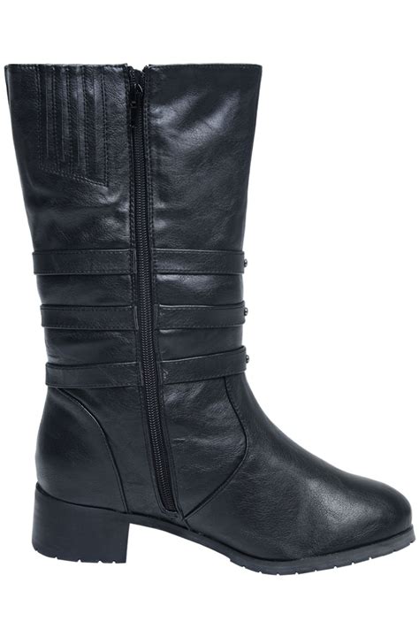 black mid calf boots   strap  metal trim detail  eee fit