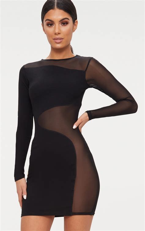 black mesh panel long sleeve bodycon dress prettylittlething