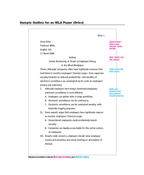 sample mla outline templates   ms word