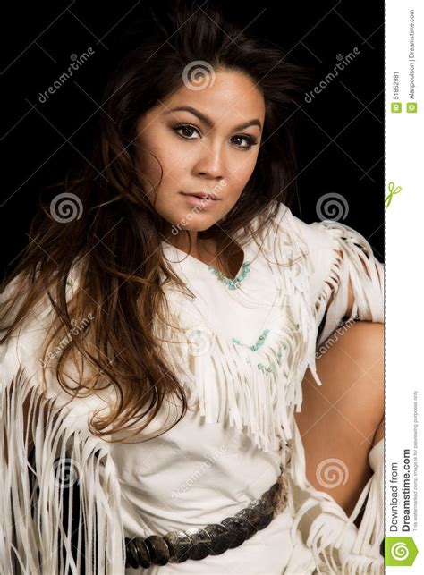 Native American Woman In White Outfit Sit On Black Close