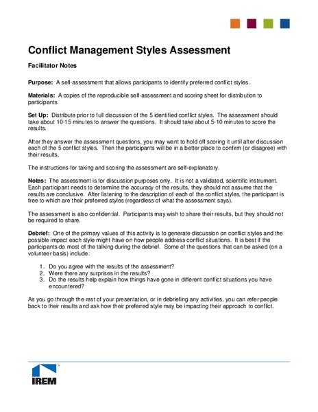 conflict management styles assessment worksheet for 11th higher ed