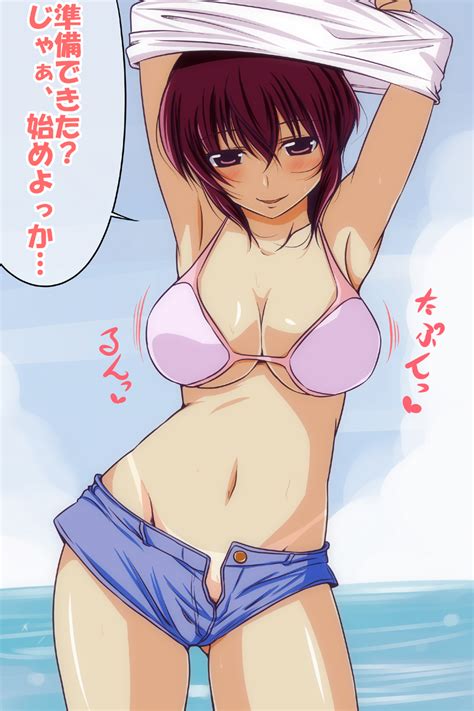 Xbooru 1girl Armpits Arms Up Belly Big Breasts Blue Sky