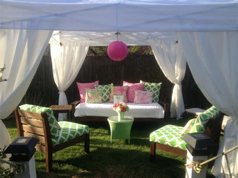 added fabric  curtains   simple ez  tent  covered cushions   pink  green