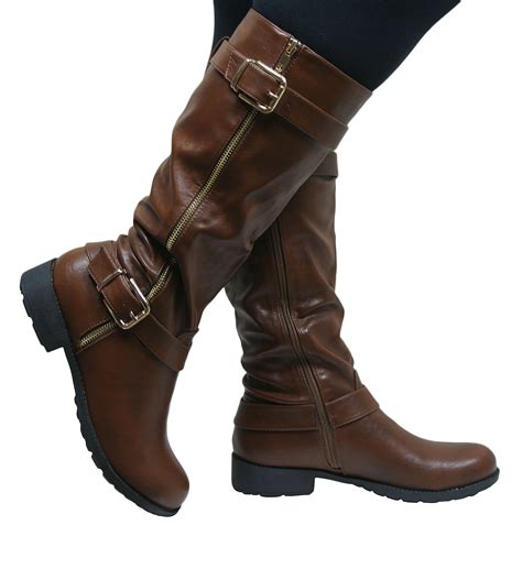 womens knee high flat  chunky heel wide fit biker riding leather style boots ebay