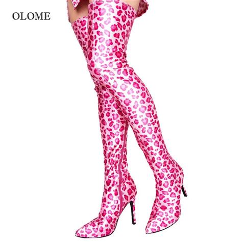 New Sexy Pink Leopard Print Stretch Thigh High Boots Women Stiletto