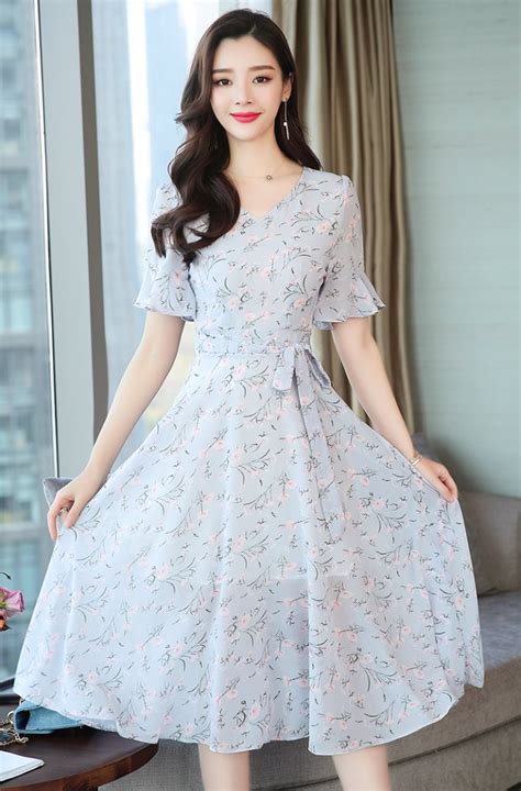 Pinched Waist Korean Style Dress Fresh Floral Long Dress