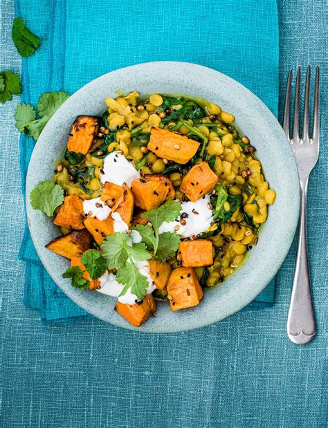 spinach and split pea dhal with roasted sweet potato