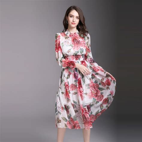 High Quality 2018 New Print Women Floral Dress Fashion Sweet Full