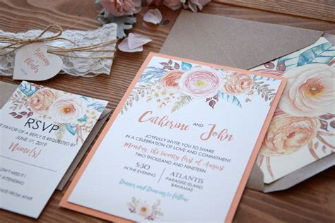 Rustic Chic Lace Floral Wedding Invitations Peach Lace Wedding Invites
