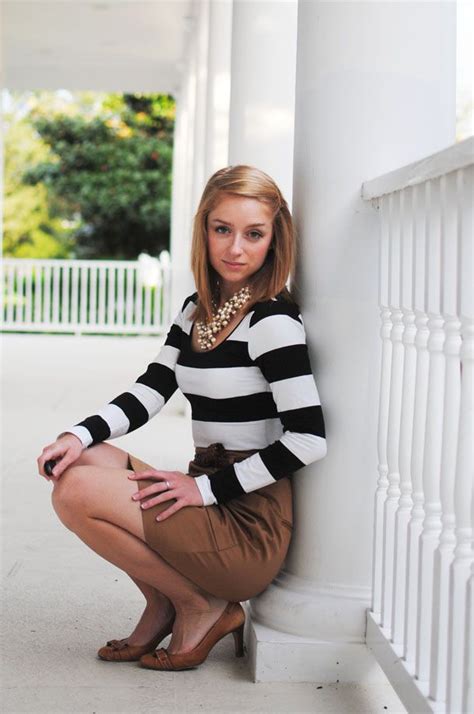 Black And White Striped Top Tan Pencil Skirt Tan Pumps