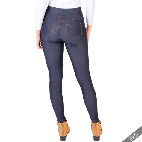 damen denim look high waist leggings jeggings jeans skinny slim fit