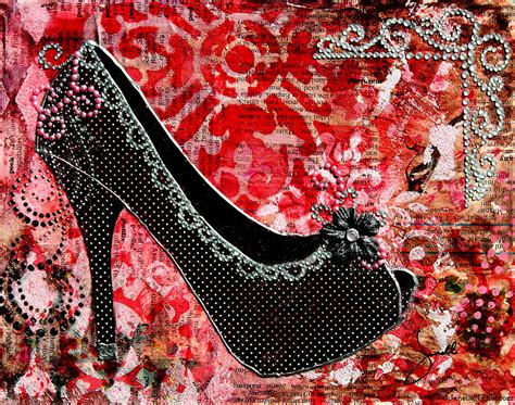 Black Polka Dot Shoes With Red Abstract Background Mixed