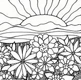 Coloring Sunrise Sunset Sun Designlooter Papers Drawn Printables Hills Flowers Hand Digital sketch template