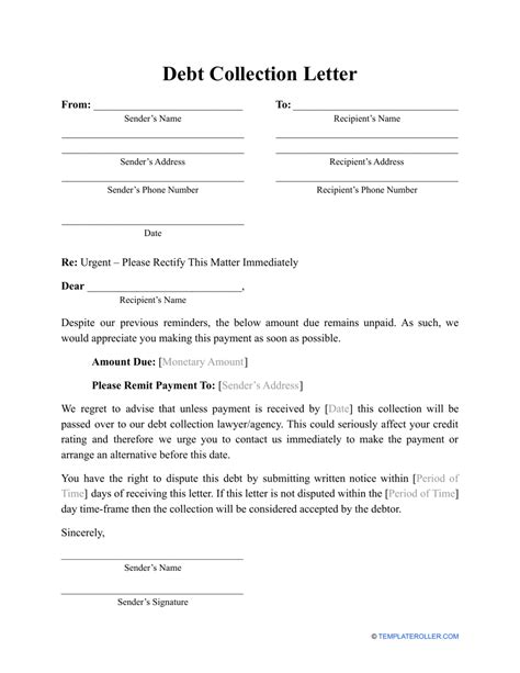 debt collection letter template  printable  templateroller