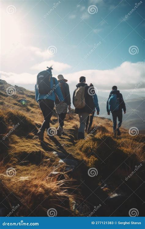 group  people walking   hill generative ai image stock