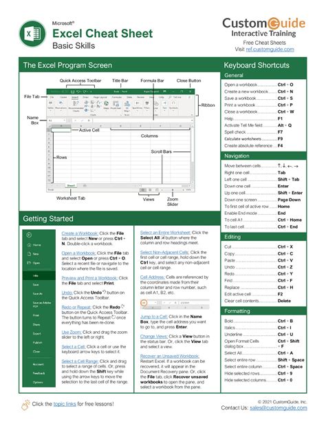 excel cheat sheet    customguide  skill top