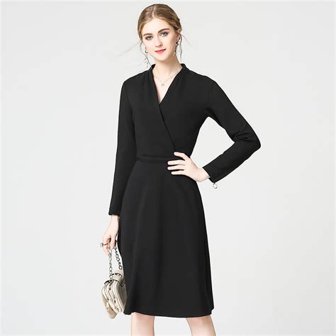 Long Sleeve Dress Autumn Winter Formal Black V Neck Elegant Fall