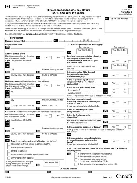 2020 2022 Form Canada T2 Corporation Income Tax Return Fill Online