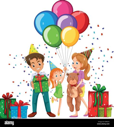 family  birthday party  balloons  presents illustration stock