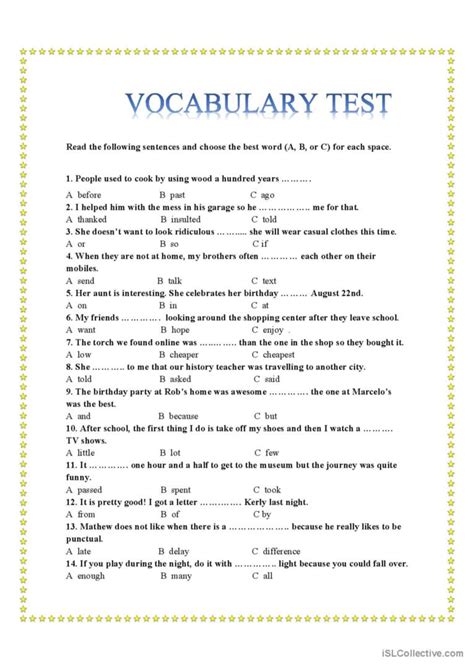 vocabulary test  level english esl worksheets   sexiz pix