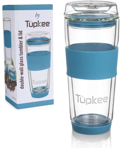 tupkee double wall glass tumbler  glass reusable insulated teacoffee mug lid hand blown