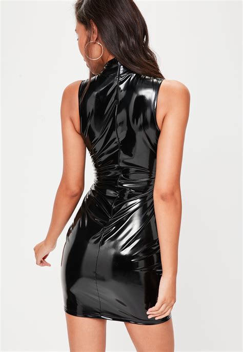 missguided black vinyl high neck bodycon mini dress lyst