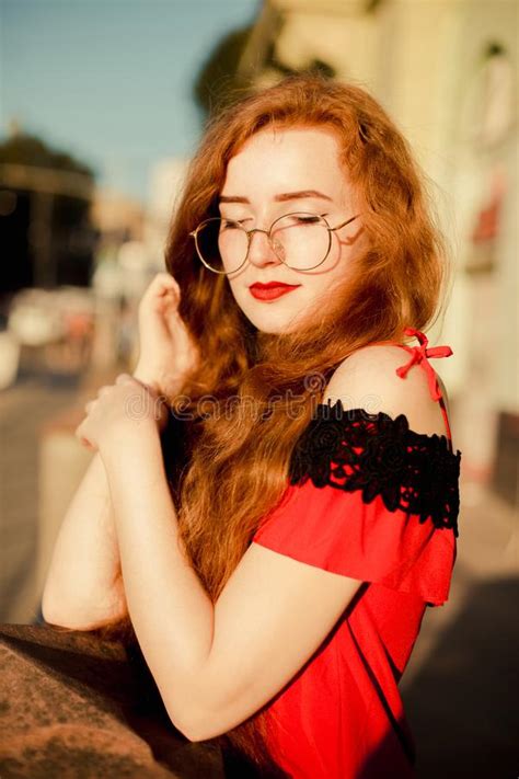 Portrait Of Fabulous Ginger Lady With Freckles Wearing Glasses Stock