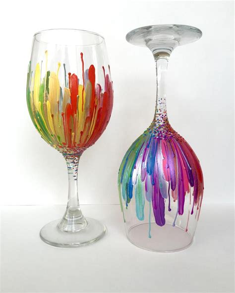 Rainbow Color Burst Wineglass Set Of 2 Hand Painted 20oz Glasses