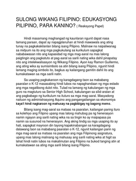 reaksyong papel sulong wikang filipino