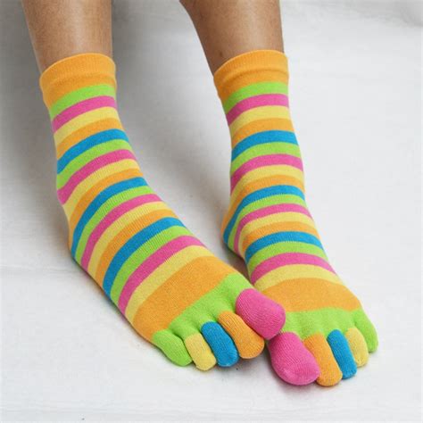 women cotton toe socks striped rainbow patchwork female girls five