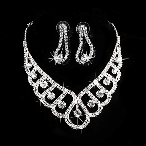 fashion silver crystal jewelry sets wedding bridal prom rhinestone necklace earrings jewelry