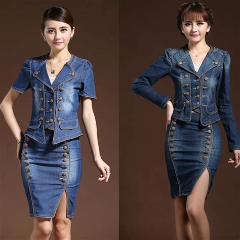 Spring Summer Women 2 Piece Set Suit Dress Denim Jeans Jacket Skirt