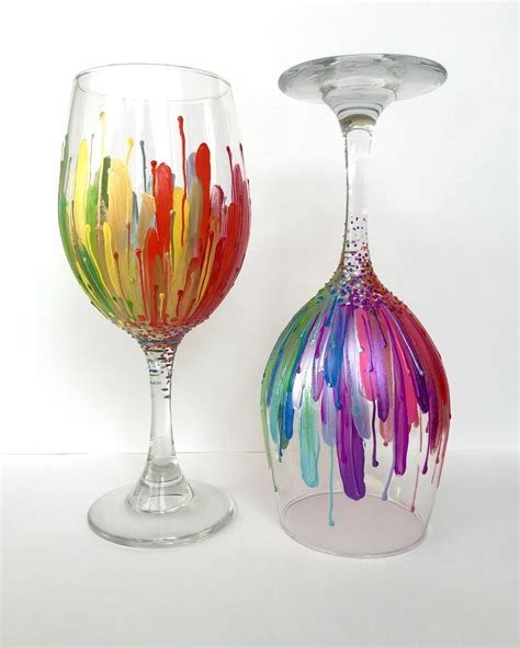 Rainbow Color Burst Wineglass Set Of 2 Hand Painted 20oz Etsy Hand