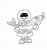 Coloring Inuit Holding Fish Boy Big sketch template