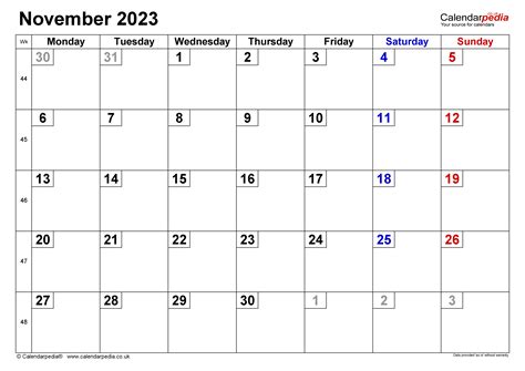 calendar november  uk  excel word   templates