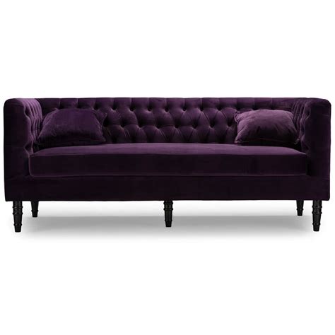 purple velvet tufted sofa modern furniture brickell collection