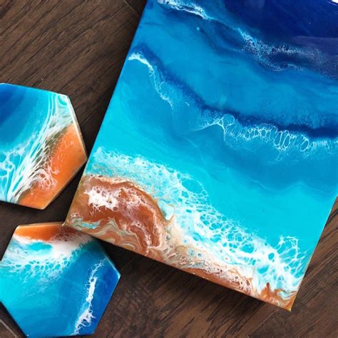 beach scenes     resin  acrylic pouring  create lacing  paint waves