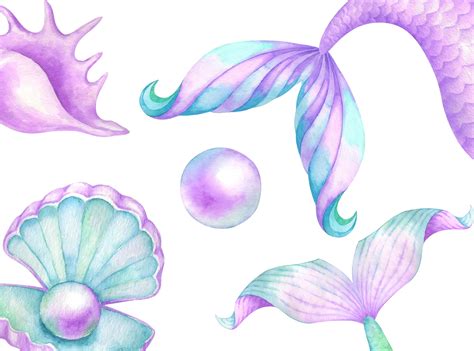Watercolor Mermaid Tails Clipart Shells Waves Clip Art Etsy