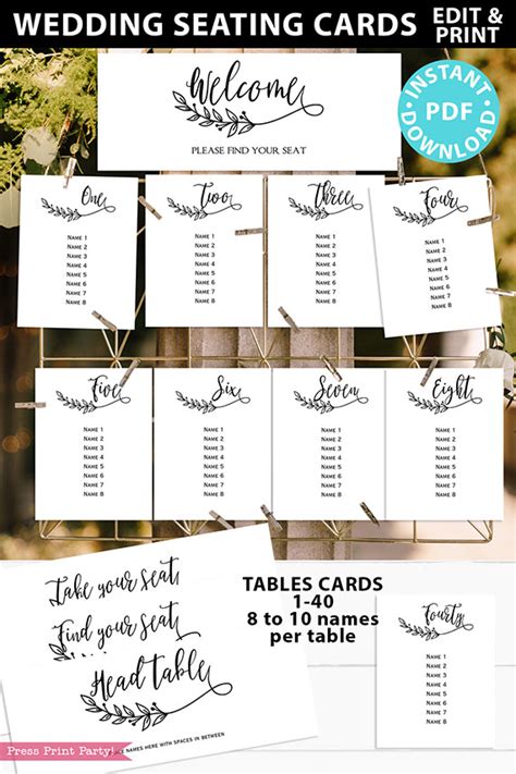 wedding seating chart template printable rustic leaf press print party