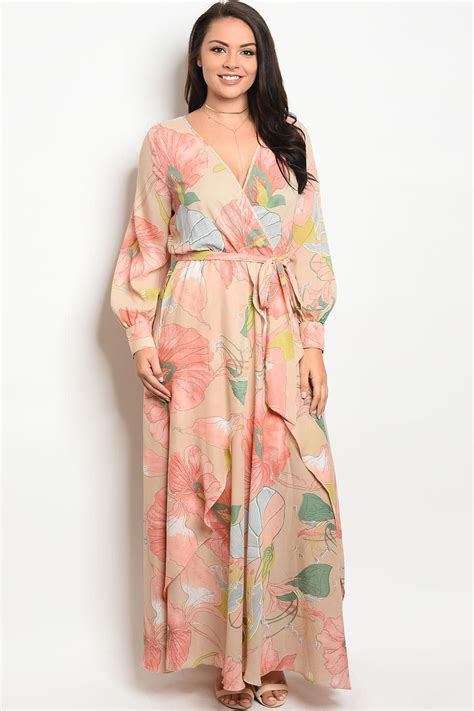 Ladies Fashion Plus Size Long Sleeve Printed Chiffon Maxi Dress With A