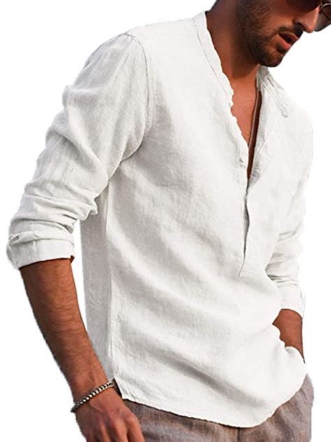 cotton linen henley shirt  men loose fit long sleeve casual  shirt