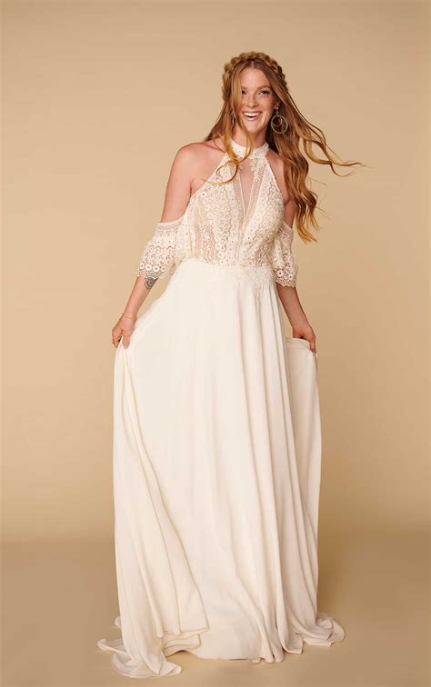 simple bohemian wedding dress with removable arm cuffs