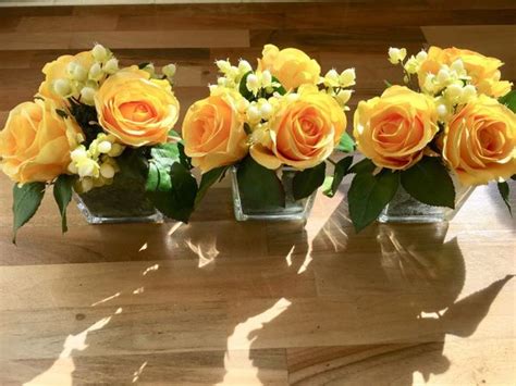 modern set of 3 yellow rose and berries glass cube arrangements sorella
