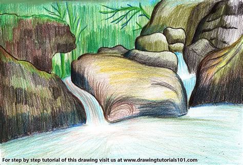 draw  waterfall scenery waterfalls step  step