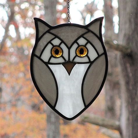 Little Grey Hoot Owl Stained Glass Suncatcher Stained