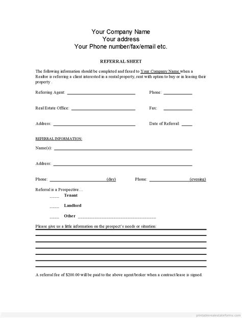 printable real estate referral form template