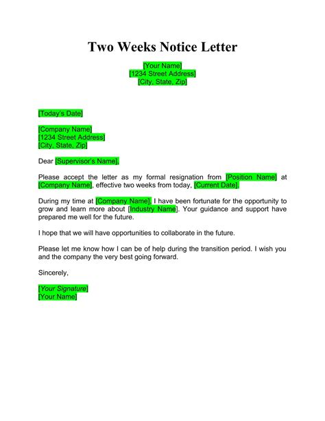 letter  resignation  weeks notice    letter template