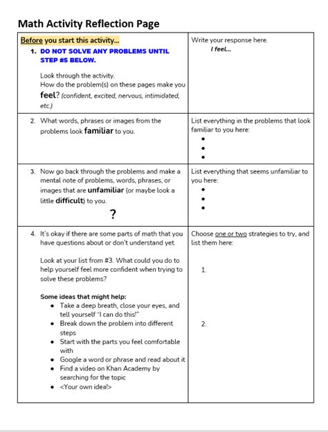 tutor tip math activity reflection sheet literacy minnesota